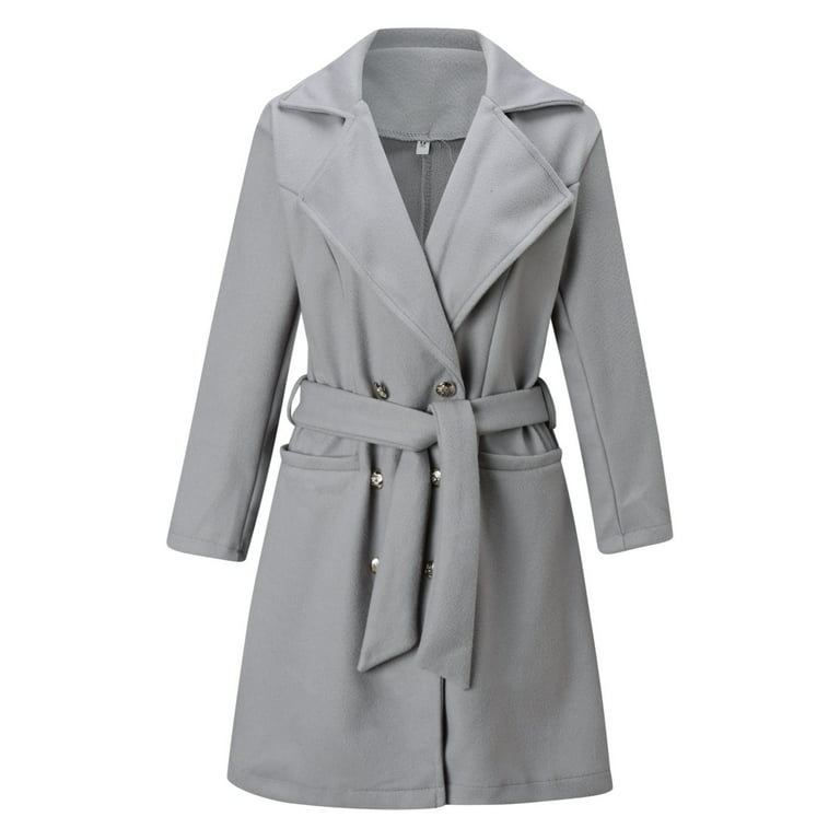 JDEFEG Clothes for Women Women's Wool Coats Thin Coat Trench Jacket Suit  Collar Double- Long-Sleeve Belt Button Woollen Coats Coral Sweater Other  Grey