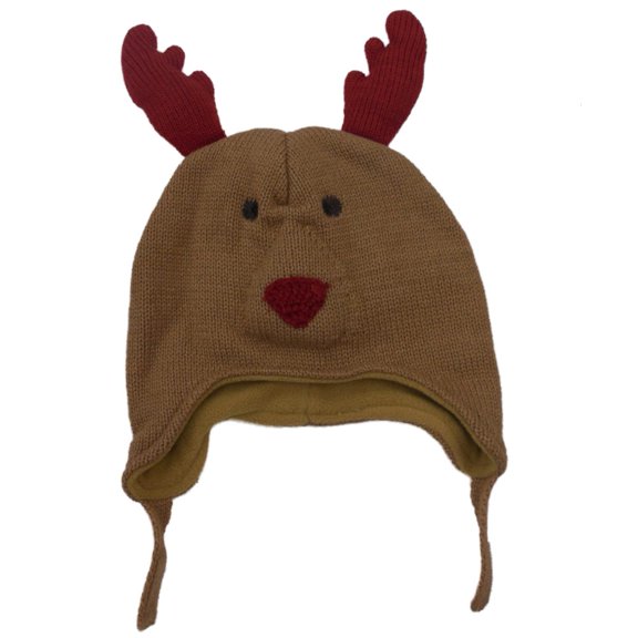 CP Infant Boys Girls Brown Knit Reindeer Peruvian Trapper Hat Fleece Lined 0-6m