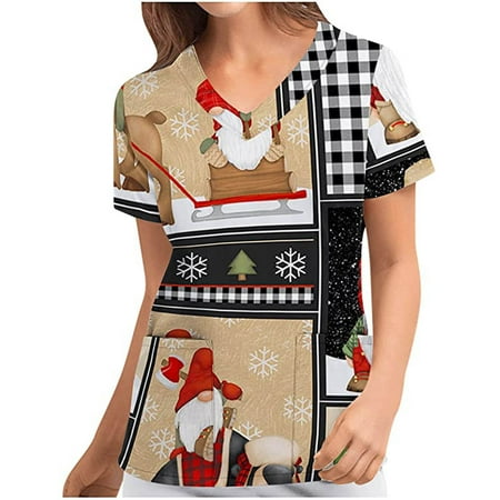

SUWHWEA Christmas Gift Scrub Tops Christmas Fashion Women s V-Neck Casual Short Sleeve Printed Pockets Ladies Tops Blouse on Clearance