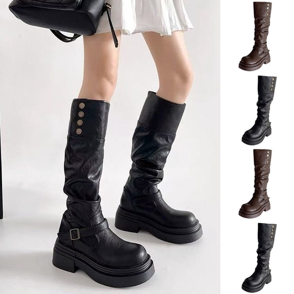 Women's Slouchy Knee High Boots Mid Calf Chunky Platform Boots Round Toe Riding Biker Boots with Adjustable Buckle Viking Gothic Faux Leather Shoes
