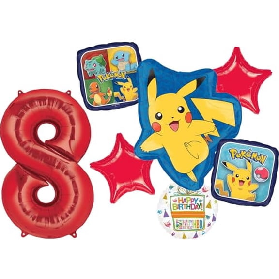 Anagram 8th Birthday Party Supplies 7pc Pikachu Foil Balloon Bouquet Decorations