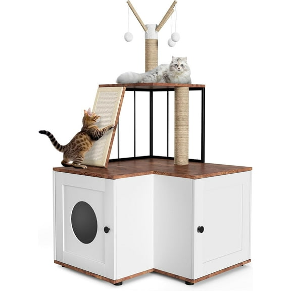 Homhougo Cat Litter Box Enclosure with Storage Cabinet, Hidden Litterbox Furniture with Scratching Post, Scratching Board and Toy Balls, Tall Cat Tree with Litter Box Cabinet, Cats House Pet