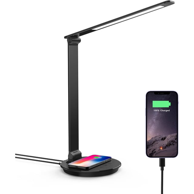 Lámpara de escritorio LED con cargador inalámbrico Puerto de carga USB Control táctil Lámpara de escritorio regulable Temporizador de 1 h 5 modos de color 6 niveles de brillo Lámpara de mesa consider JAMW Sencillez