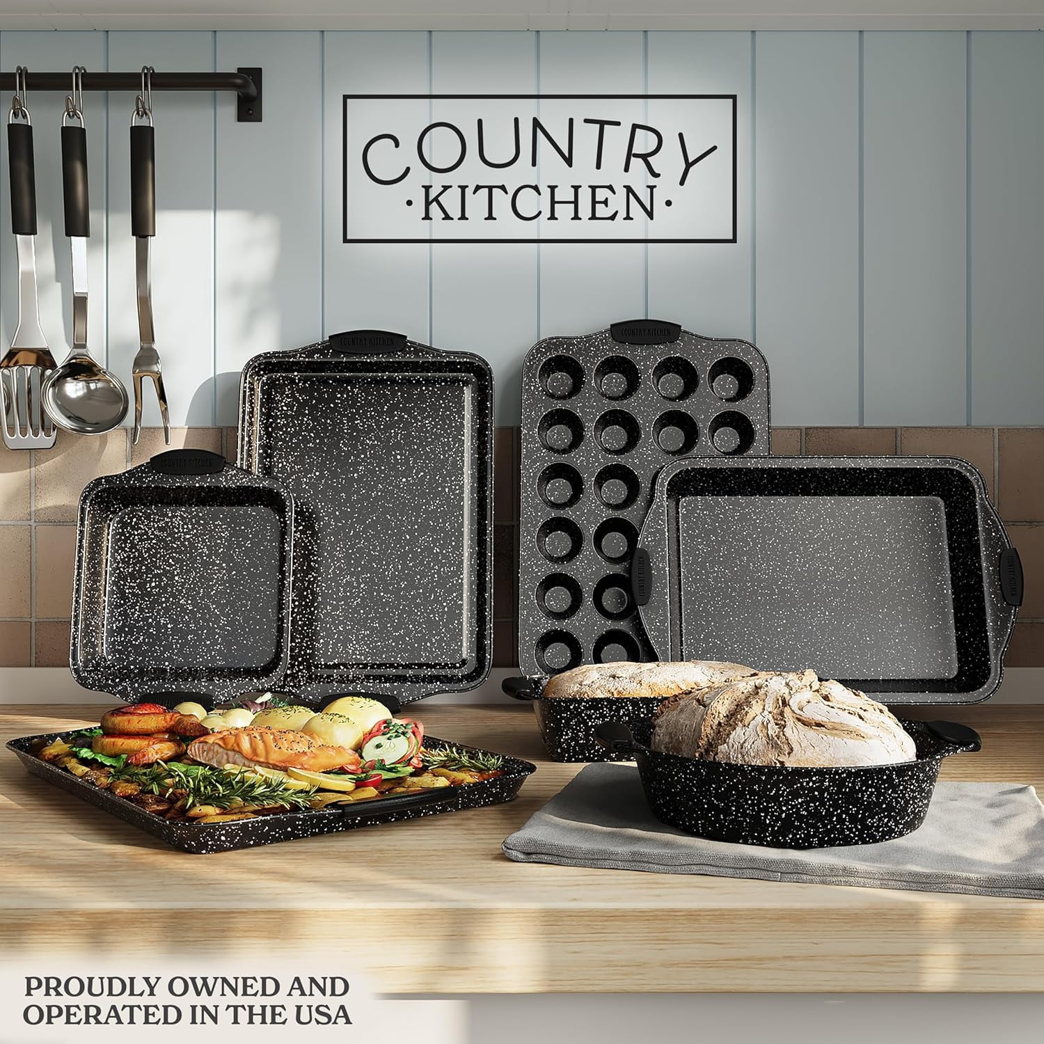 Country Kitchen 10-Piece Nonstick Bakeware Set - Stackable Pots and Pans, Black