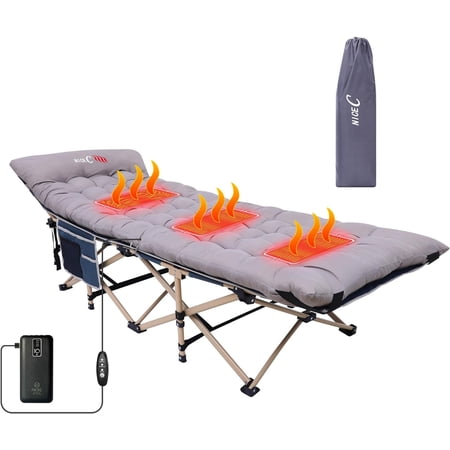 Nice C Heated Cot, Heated Camping Cots, Camping Cots with Mattress, for Adults, Folding Cot, with Pillow, Carry Bag & Storage Pocket, Extra Wide Sturdy, Holds Up to 500 Lbs (1, Heated Mattress Grey)