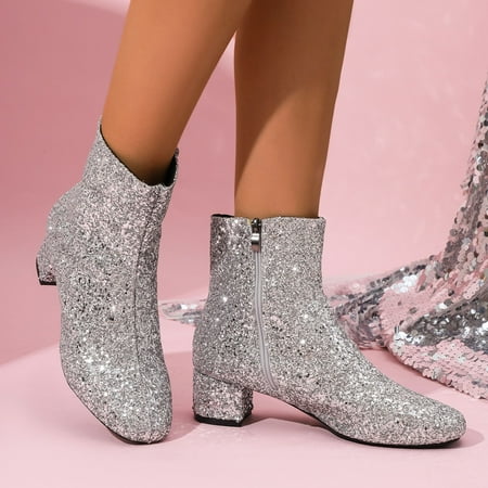 

Ediodpoh Ladies Fashion British Style Solid Color Sequin Decoration Thick Heel Side Zipper Short Boots Booties for Women Silver 7.5
