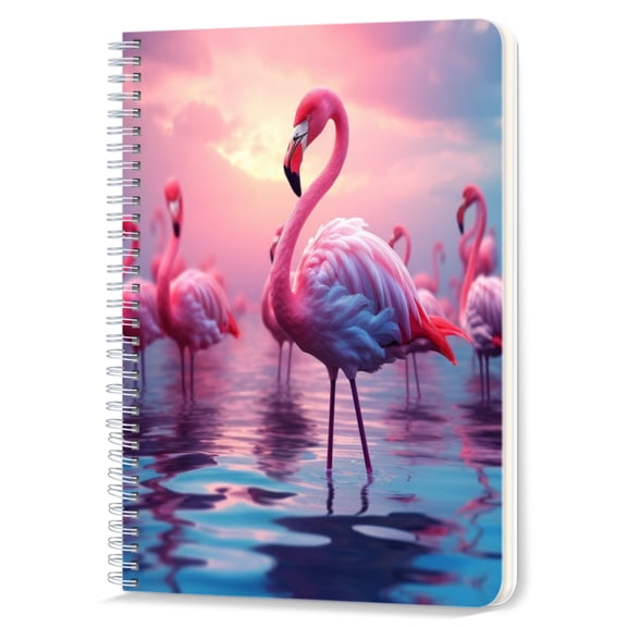 Spiral Notebook,Double-Wire Spiral College Lined Journal Notebook for Study and Notes,100 Pages,5.71x 8.26 in - Flamingo Flock in the Water at Sunset