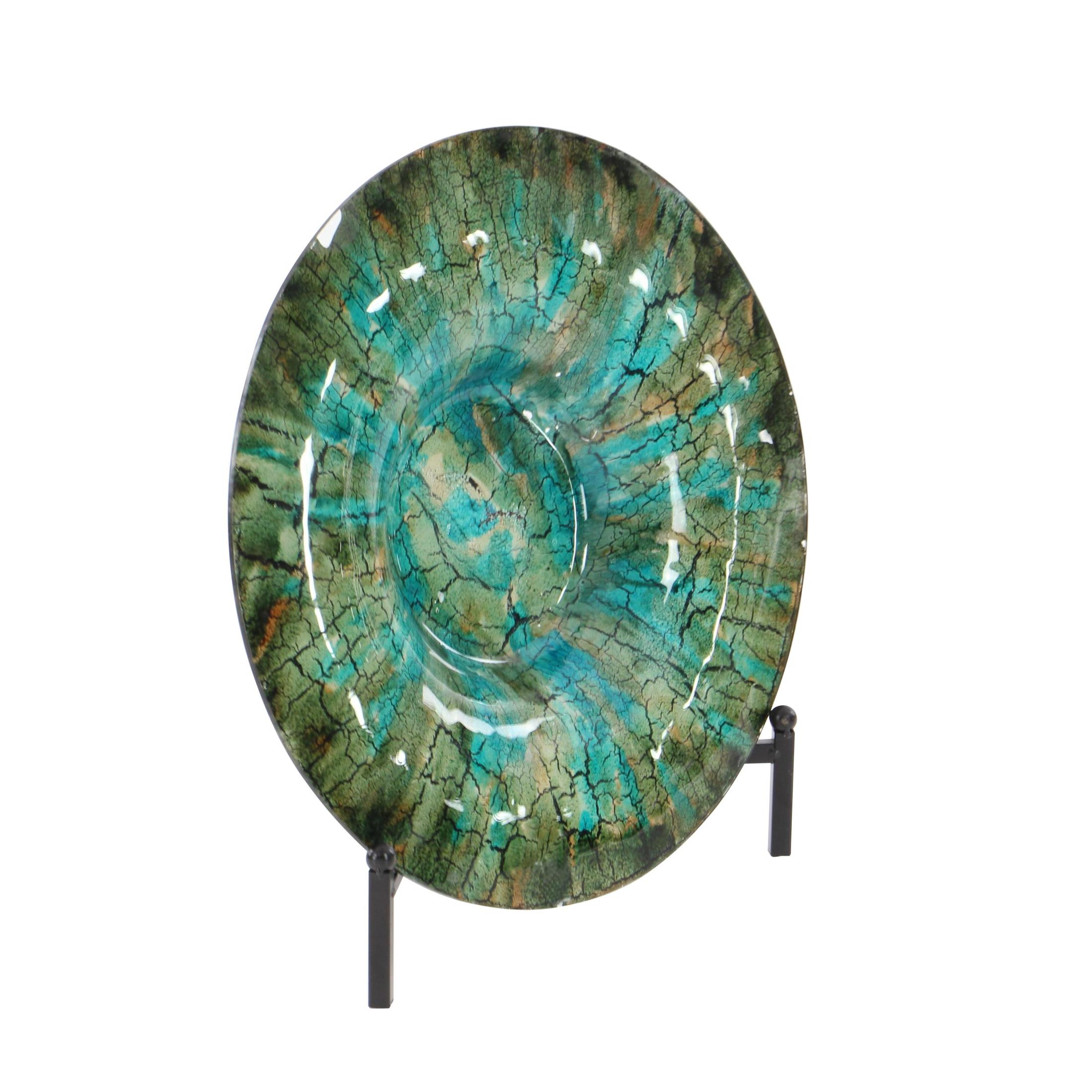 DecMode 18" Round Abstract Handmade Textured Plate Green Glass Charger with Black Display Stand