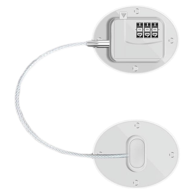 mini cerradura nikoumx para refrigerador diseño combinado abs acero inoxidable, cerradura de cable con panel de combinación de 3 dígitos y placa ovalada en acabado blanco (como muestra la imagen); cable trenzado de acero conecta la placa con botón y la receptora, vista frontal y trasera sobre fondo blanco; adecuada para asegurar puertas de refrigerador o gabinetes pequeños.