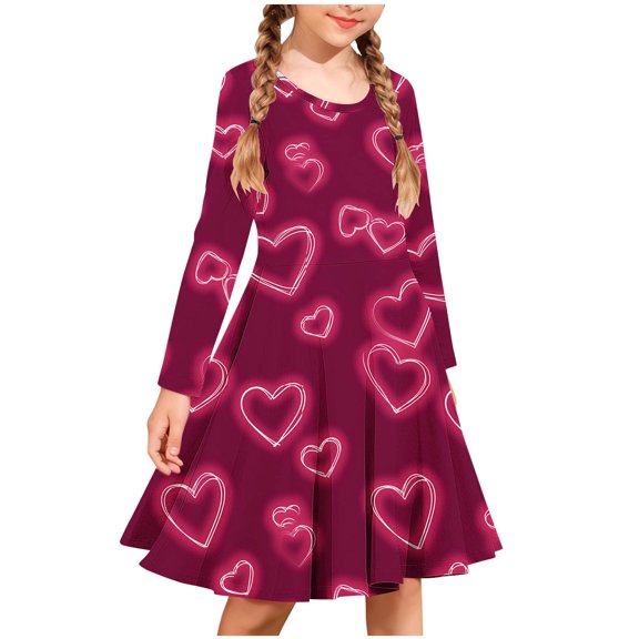 ATOGUTA Girl Dress Long Sleeve T-Shirt Dresses Valentines Kids Spring A-Line Twirly Skater Dresses Size 4T-14, Wine