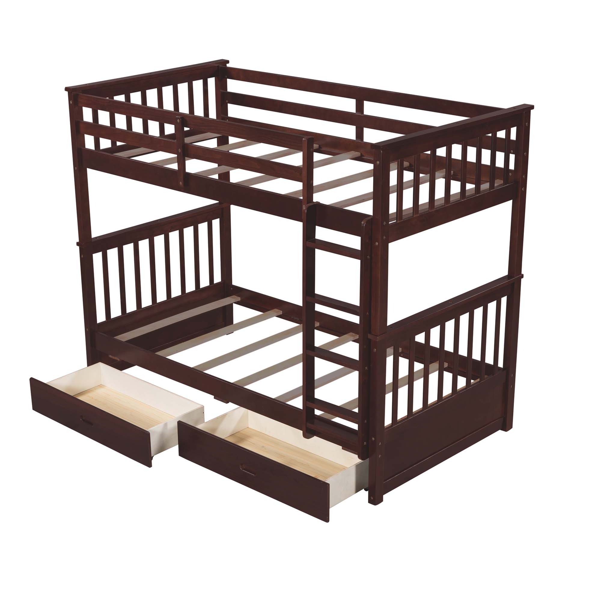 Aukfa Twin over Twin Bunk Bed with Two Storage Drawers, Wood Convertible Two Bed for Kids Teens - Espresso