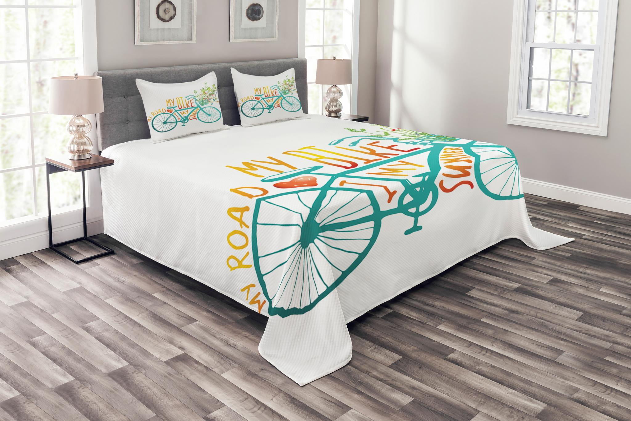Bicycle Bedspread Set Queen Size, Vintage Summer Bike A Floral Bouquet