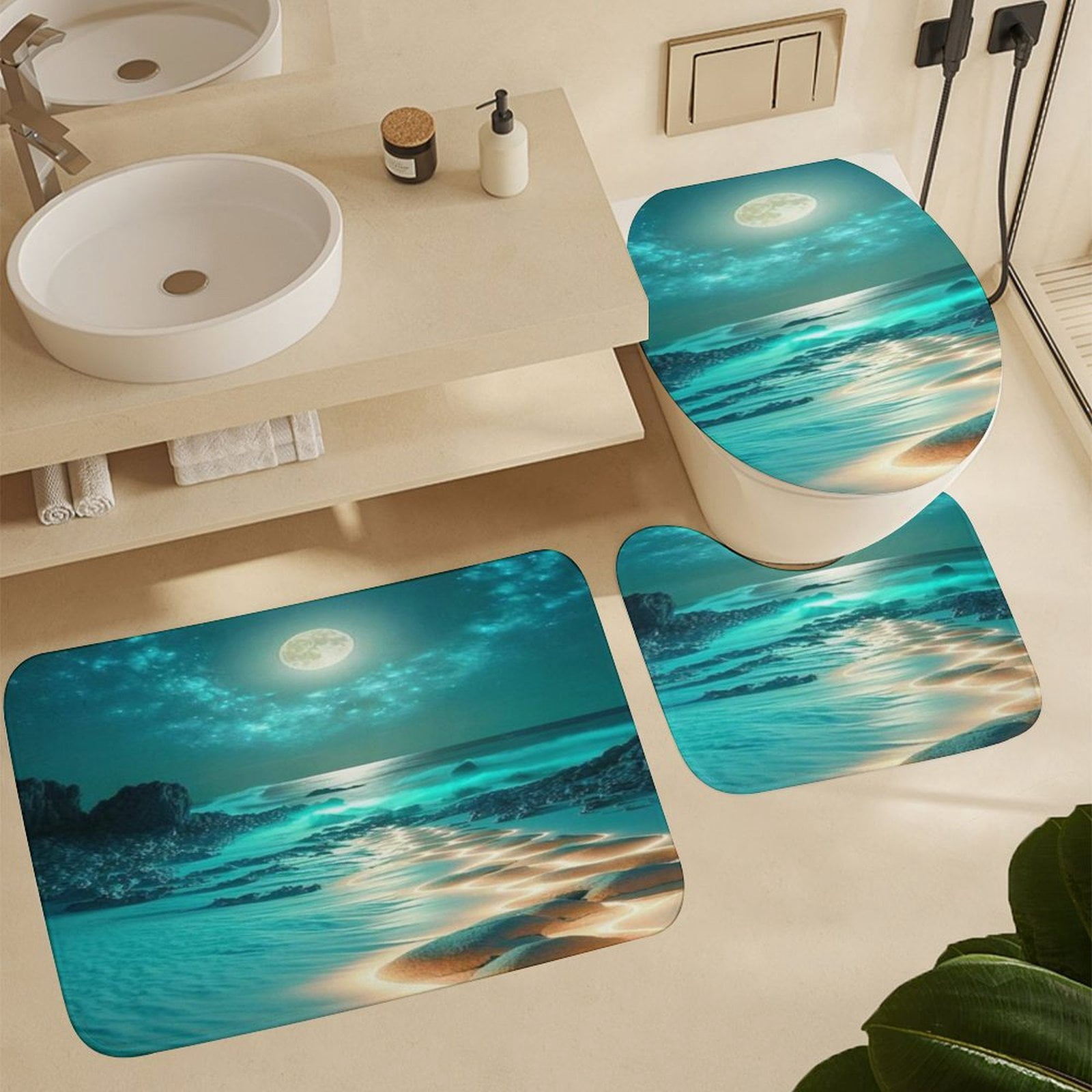 Bright Sunshine Through Deep Blue Sea 4Pcs Shower Curtain Set Shower Curtain Set with Carpet Bath Mat