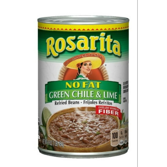 Rosarita no Fat Refried Beans with Green Chile and Lime 16 oz (Pack of 24)