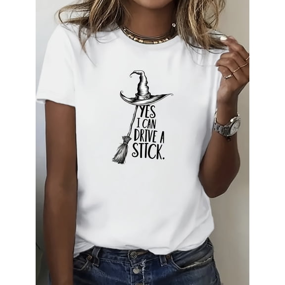 Women’s Funny Halloween Witch Graphic T-Shirt Yes I Can Drive a Stick Cute Witch Hat Broom Print Casual Short Sleeve Tee Novelty Gift