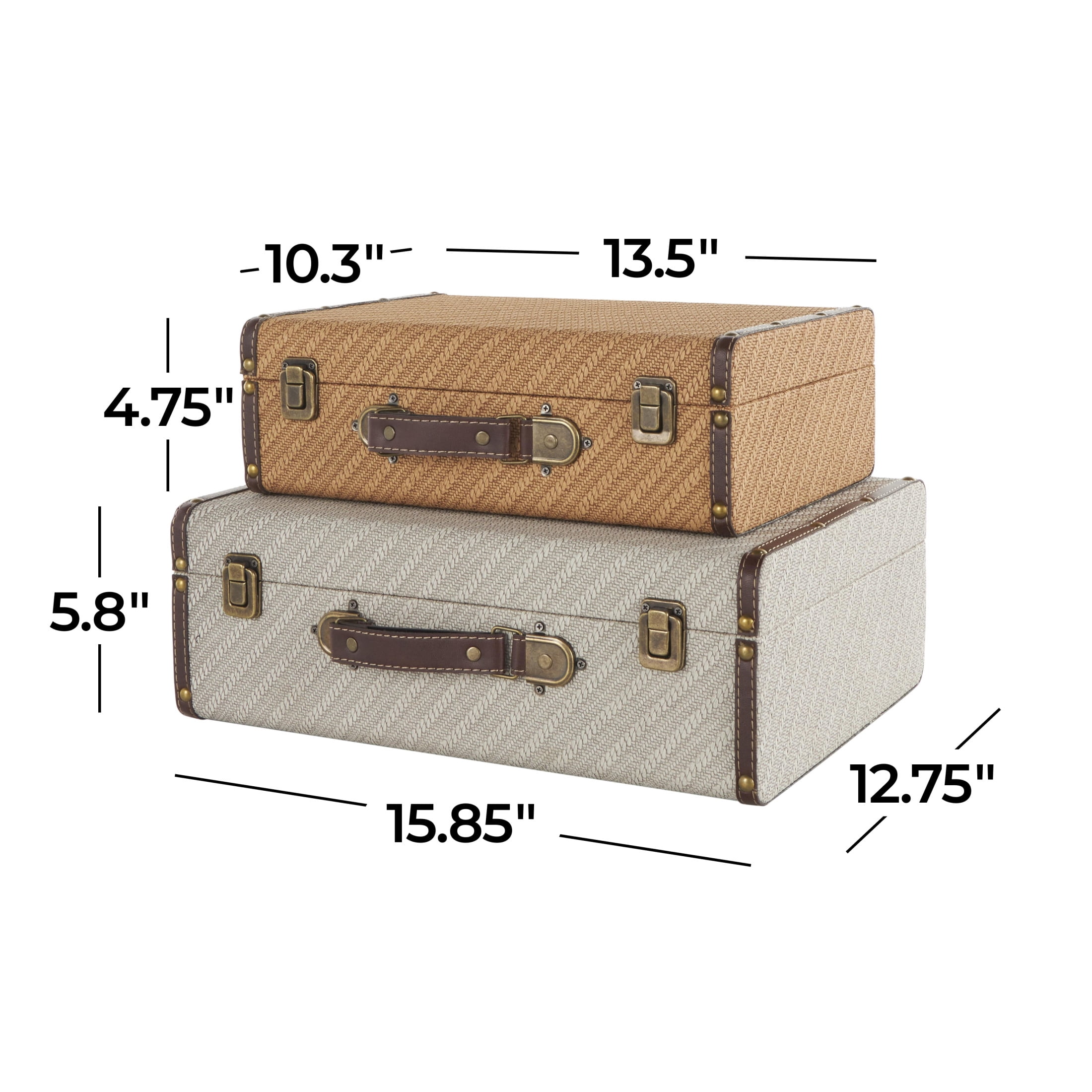 DecMode 14" x 5" Brown Wooden Vintage Studded Storage Trunk with Bronze Latches, 2-Pieces