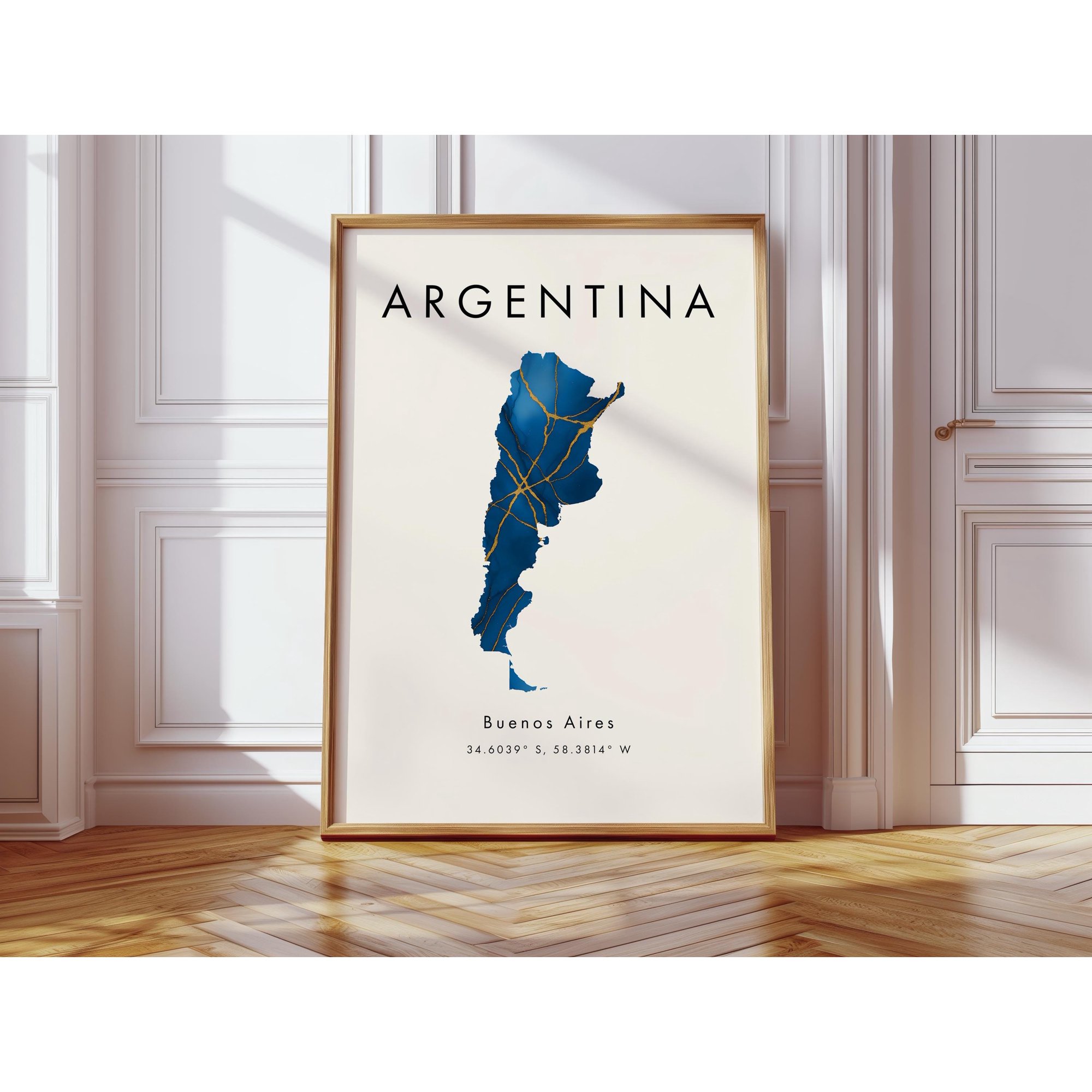 Argentina Map Poster Blue and Gold South America Wall Art Print Home Decor Geography Map Gift Wallpaper