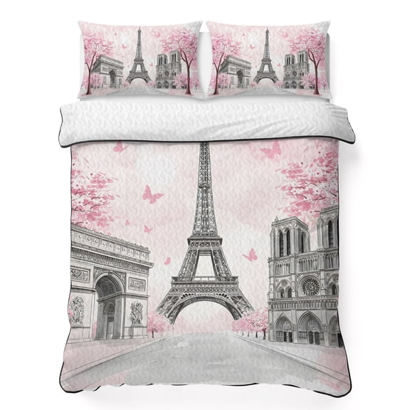 Quilts King Size Bedding Set, Paris Eiffel Tower Lightweight Quilted Comforter, Pink Cherry Blossom Romantic Flowers Soft Reversible Bedspread Coverlet with Pillow Covers for All Season, 96" x 106"