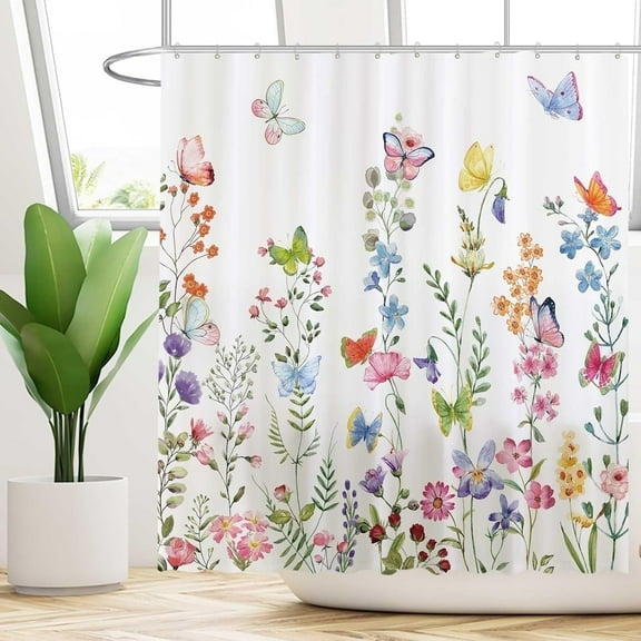 Floral Plant Shower Curtain with 12Hooks, Flower Butterfly Home Bathtubs Curtain for Bathroom Decor Machine Washable