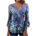 thumbnail image 2 of Womens Tops Ladies Top Floral Print V-Neck Short Sleeve Button T-Shirt Beige L, 2 of 5