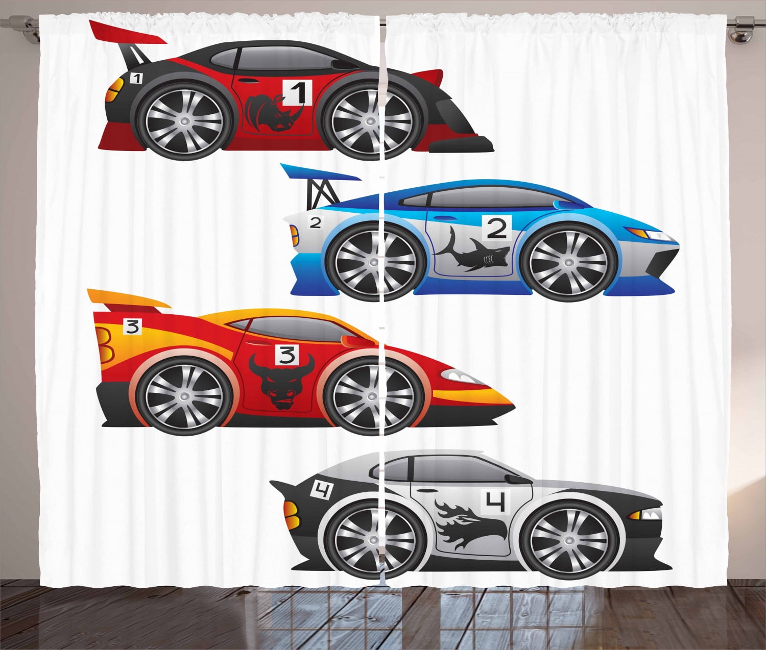 Cars Curtains 2 Panels Set, Collection of Formula Race Cars Modern