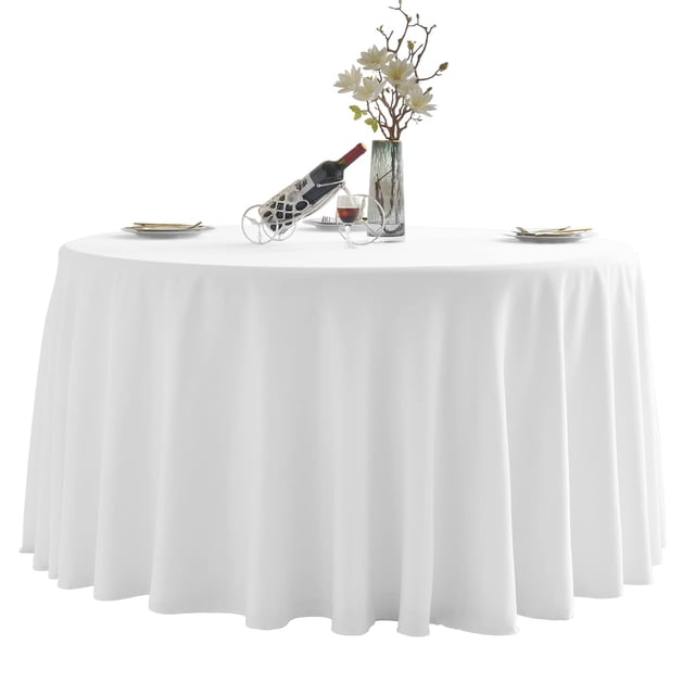Mantel redondo LEQEE de poliéster de 120 pulgadas, resistente a las manchas, blanco