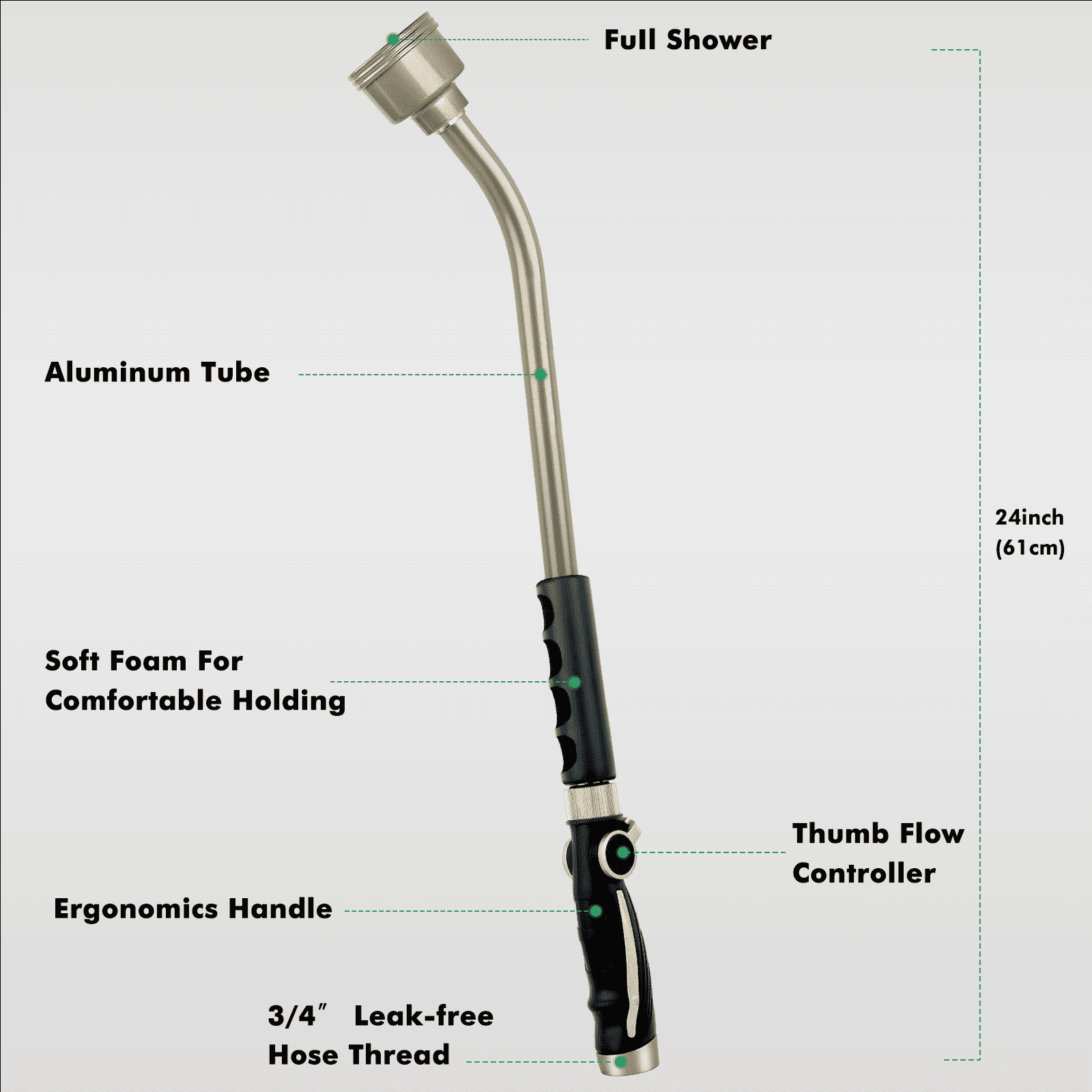 Restmo Watering Wand Heavy Duty, 24-Inch Long Hose Nozzle Sprayer with Stainless Head, Thumb Flow Control | On/Off Valve, Metal Hose Wand