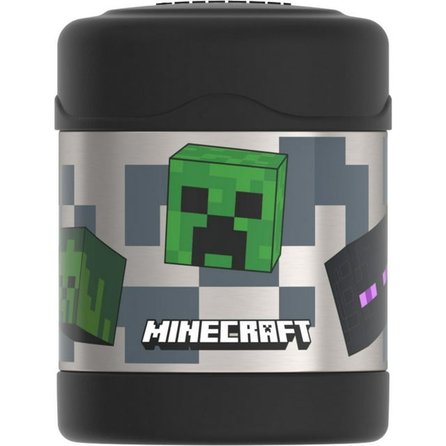 Thermos Kids Stainless Steel Vacuum Insulated FUNtainer Food Jar, 295 ml, with Minecraft pixelated Creeper and Enderman faces on stainless steel body, black lid and base, vacuum insulation keeps food hot for 5 hours or cold for 7, suitable for school lunches and snacks.