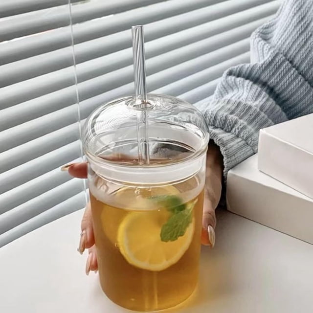 Vasos de vidrio con tapas y popotes, vaso de vidrio de 17 onzas con tapa de cúpula, vaso de café hel, vasos de boca ancha, bonitos vasos de beber para jugo de batidos, taza de té de