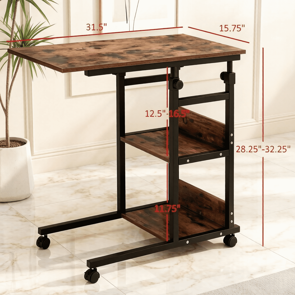 C-Shaped Height Adjustable Rolling Side Table, 3-Tier Mobile Utility Cart with Lockable Wheels, Multi-Purpose Sofa Snack Bar & Garden Table