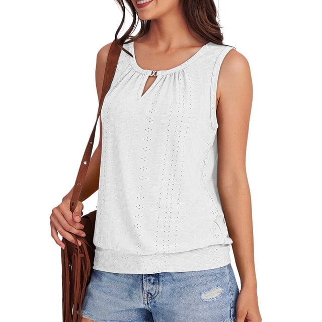 Ladies Tops, Womens Solid Tank Keyhole V Neck Tank Summer For Eyelet Embroidered Loose, Holiday Gifts, XXL