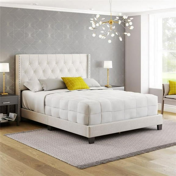 Skyline Decor Linen Panel Upholstered Platform Bed Frame, Beige, King