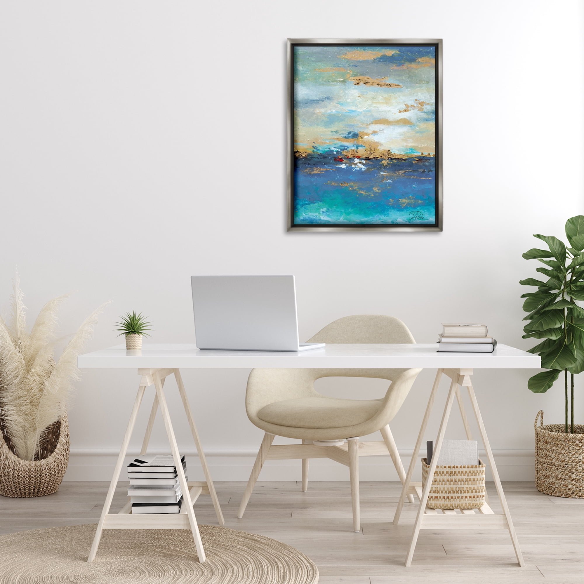 Stupell Industries Ocean View with Tan Accents Abstract Painting Gray Floater Framed Canvas Art Print Wall Art, 25 x 31