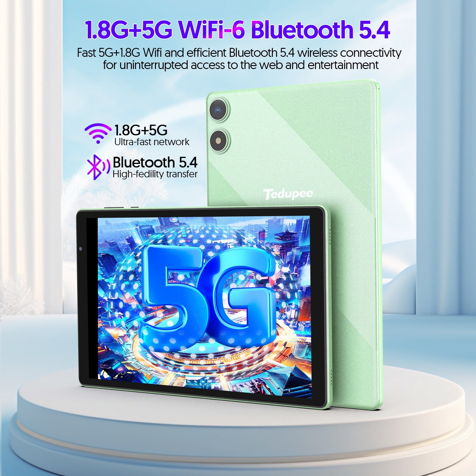 Android 16 Tablet, 10.1 inch, Five-core CPU, RAM 3GB, ROM 32GB (Up to 1TB), 800x1280 IPS, 5G WiFi 6, 2MP+2MP, 6000mAh-Green
