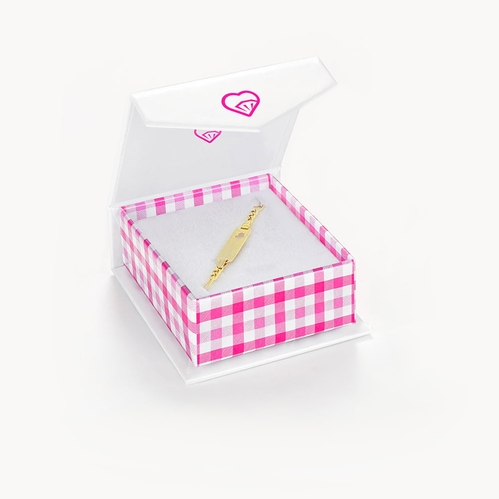 14k Yellow Gold Unisex Adjustable Girls Name ID Bracelet Engravable Heart Tag 