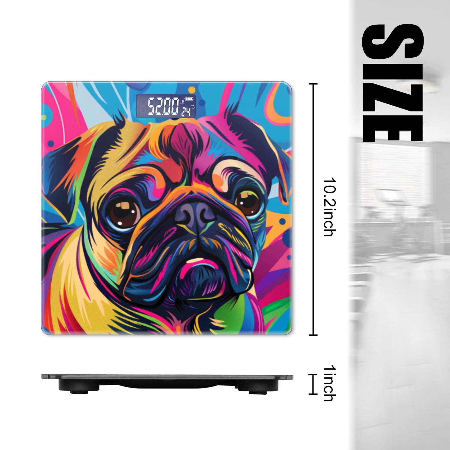 Bathroom Scale, Highly Accurate Digital Body Scale,Precisely Measures Weight up to 400 lbs-Colorful Pug, With Vibrant Colors And Colorful Background