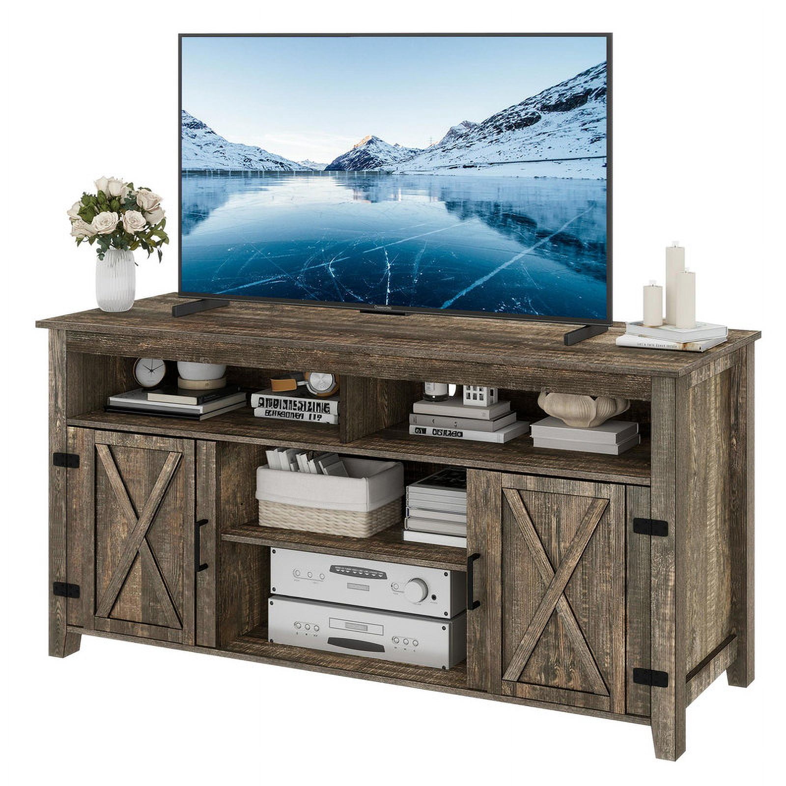 Uforic Farmhouse TV Stand for 65 Inch TV, Barn Door Entertainment Center, Rustic Brown