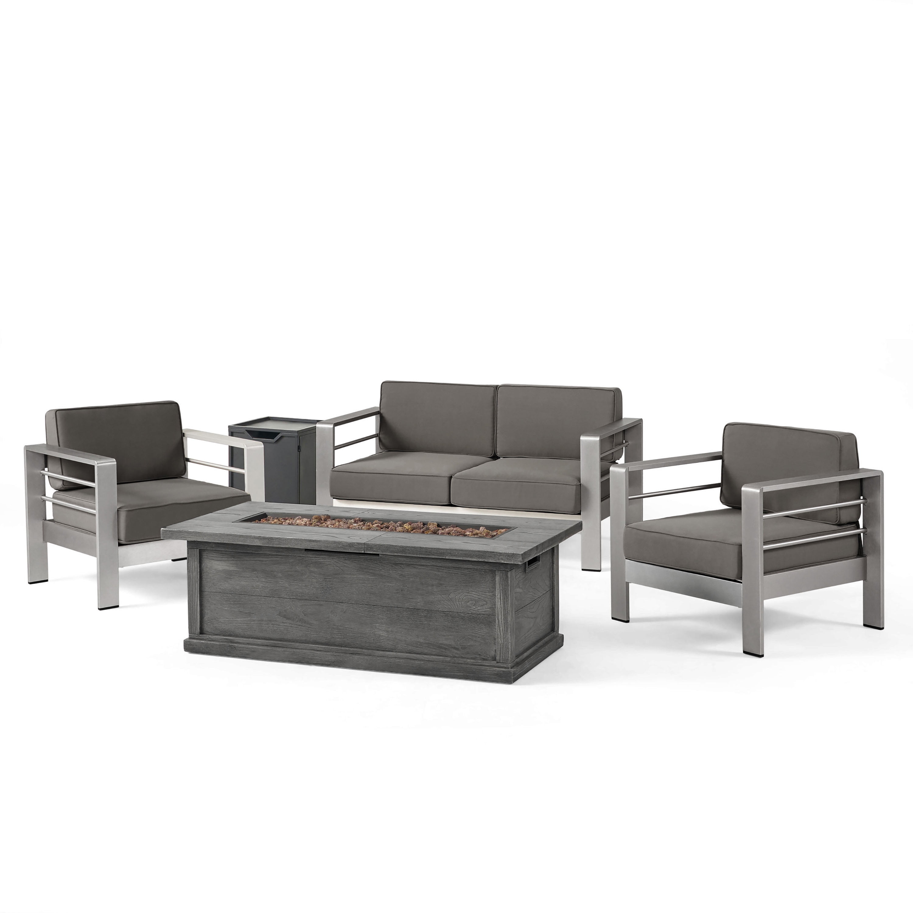 Miller Outdoor Aluminium Chat Set and Grey MGO Fire Table with Tank Holder, Khaki, Silver, Black
