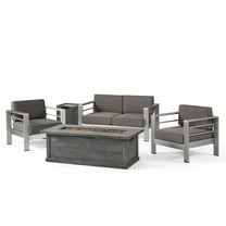 GDF Studio Crested Bay Outdoor Aluminum 4 Seater Chat Set with Fire Pit, Dark Gray, Gray, and Gray Wood