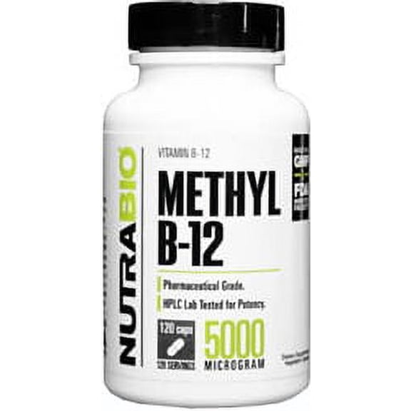NutraBio Methyl Vitamin B12 5000 Mcg Vegetarian Suitable not Certified Kosher - 120 Vegetable Capsules