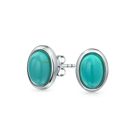 - Simple Bezel Set Oval Blue Compressed Turquoise Stud Earrings For Women 925 Sterling Silver