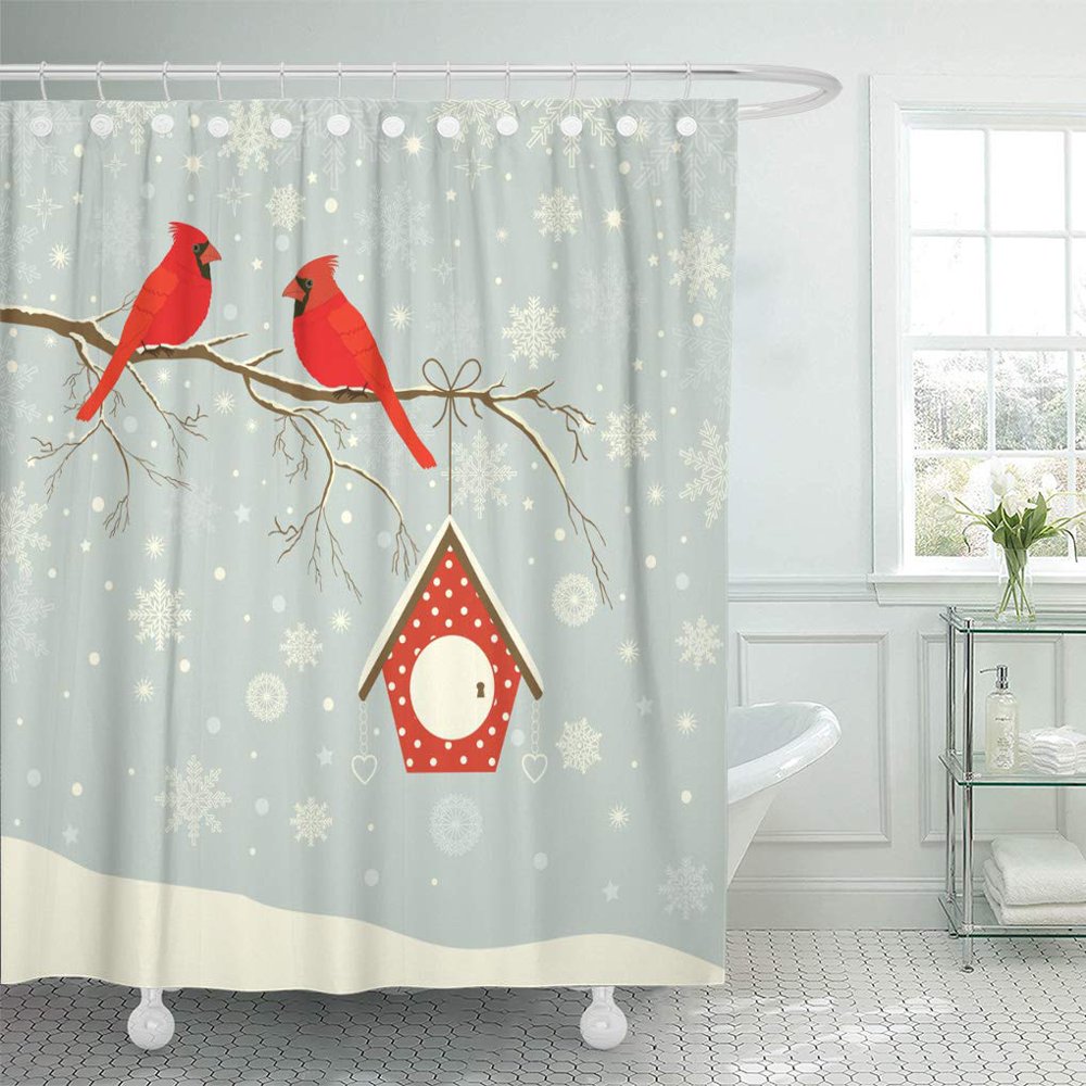 ATABIE Blue Cute Red Cardinal Bird Birdhouse on Branch Shower Curtain