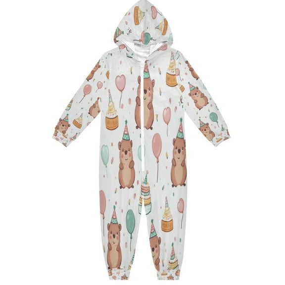 Soft Big Kids Onesie Pajamas Cozy Loose-Fit Jumpsuits for kids with Pockets for Christmas Lounge & Play Capybara Wearing Party Hat