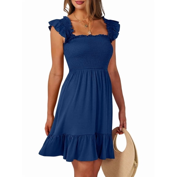 Women'S Summer Sleeveless Square Neck Dress Smocked Ruffle Backless Boho Beach Short Sundress Navy Blue M