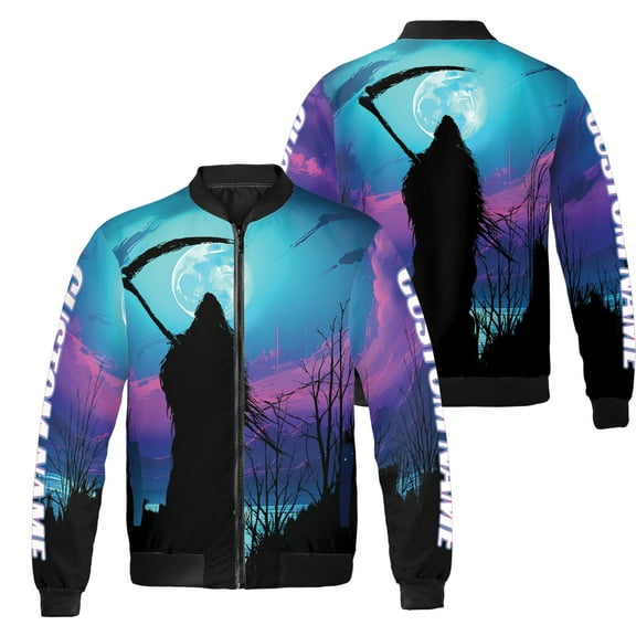 Lotusprinthandmade Personalized Halloween Skull Skeleton Bomber Jacket S-5XL Multicolor (S), custom name halloween skull bomber, skeleton bomber outerwear