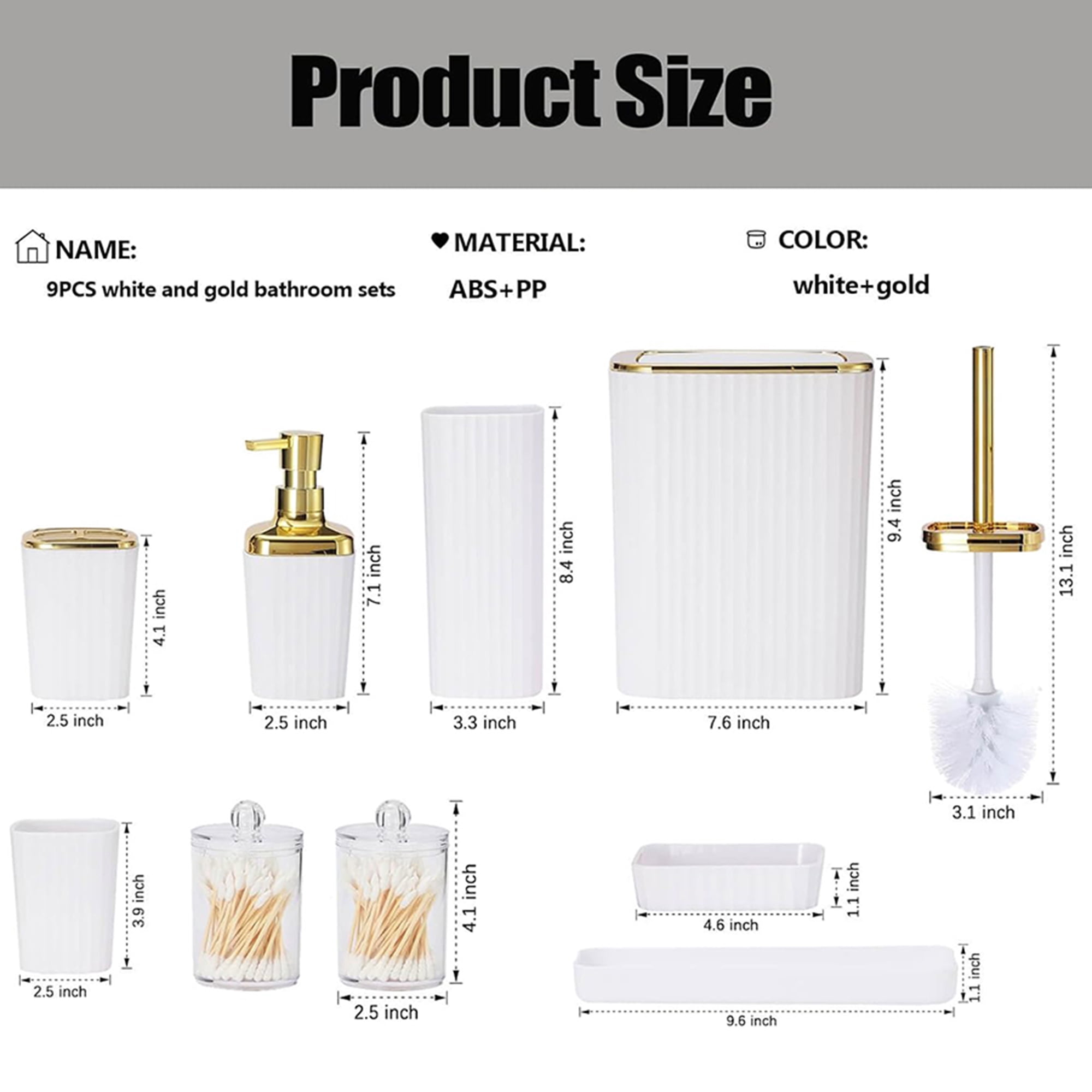 Bathroom Accessories Set,9 Piece White Bathroom Sets Complete With Toothbrush Holder, Trash Can, Lotion Soap Dispenser, Toothbrush Cup, Vanity Tray, Soap Dish, Toilet Brush, Qtip Holder