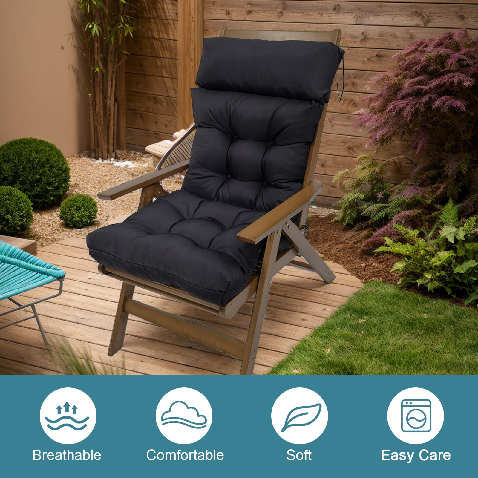 JOVELL 4-Inch Thick Adirondack Chair Cushions 2Pack, 49"x21" Waterproof High Back Rocking Chair Pads with Ties, Outdoor Patio Furniture Seat Cushion, Black