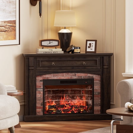 HARIPUL Corner TV Stand with Electric Fireplace, Wooden Mantel, Remote Control and Efficient Heating, Realistic Flame, Coffee