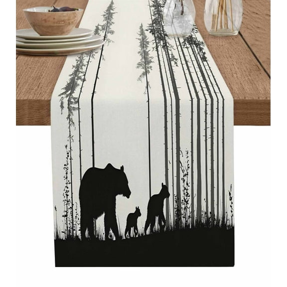 Table Runner Retro Bears Trees Table Decoration for Kitchen Dinning Silhouette Art Table Decoration for Indoor Outdoor Party Wedding Decor 13x90 Inch
