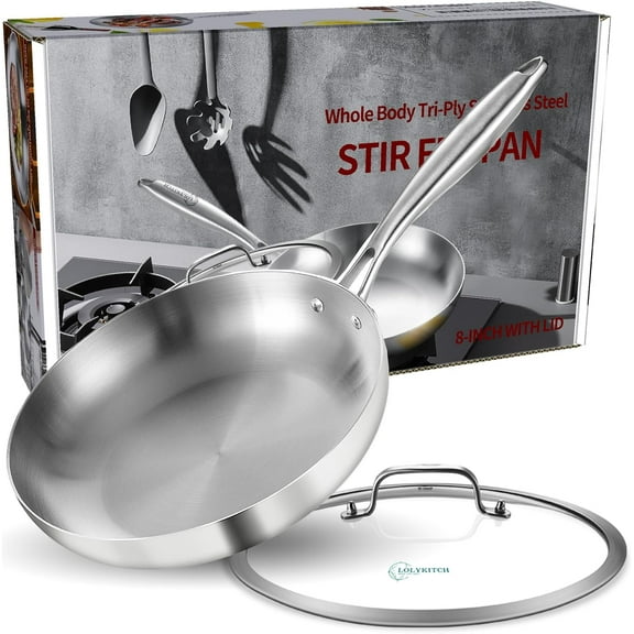 8.5 Inch Tri-ply Stainless Steel Frying Pan with Lid,Skillet,Induction Cooking Pan,Dishwasher and Oven Safe,Riveted Handle